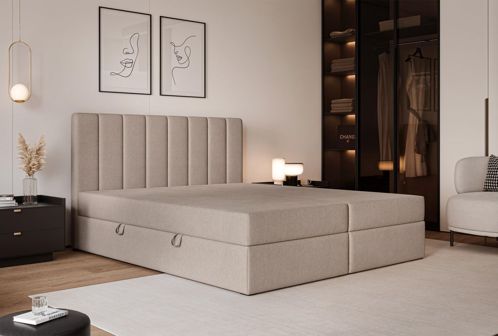 LEO Polsterbett 180x200 cm, Doppelbett/Jugendbett, Klassisches Bett, Stauraumbett mit Bettkasten und Topper, in Farbe Cappuccino Herbi 60