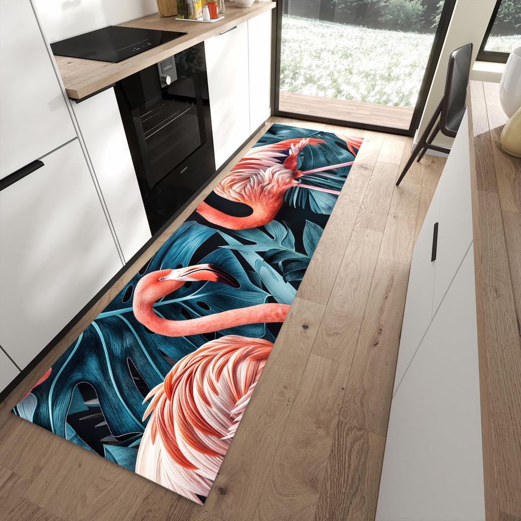 Küchenteppich 80x280cm rutschfest & abwischbar PVC Läufer - Flamingos und Blumen