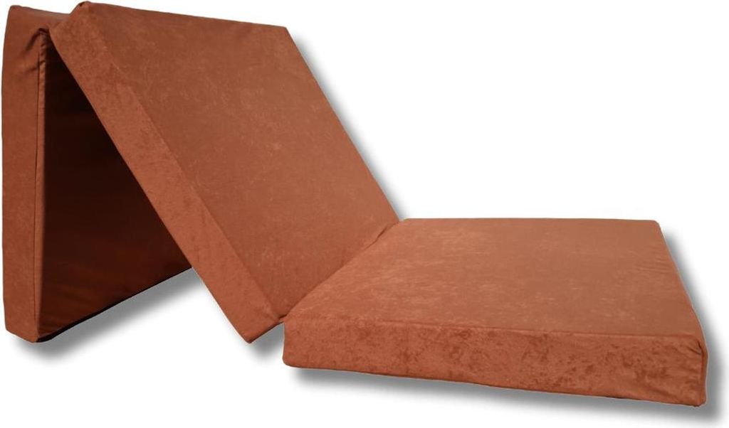A brown folding mattress shown from a diagonal angle.