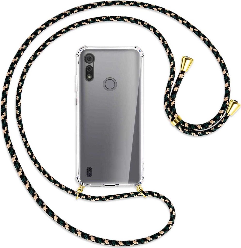 Handykette Backcover-Schutzhülle mit Band (Metall goldfarben) für Motorola Moto E6s - camouflage