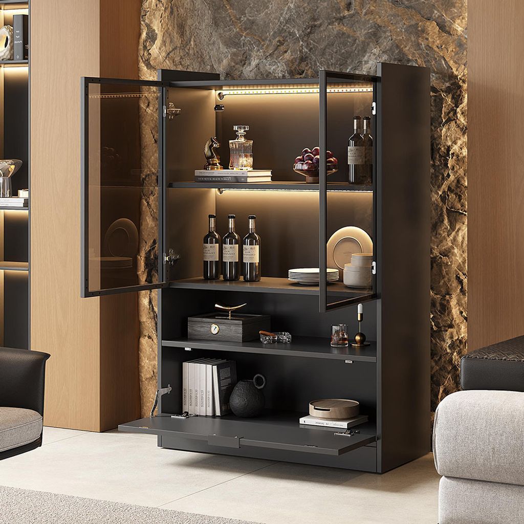 Sweiko Vitrine mit Beleuchtung und LED,Glasvitrine Standvitrine,Display Schrank,Schwarz