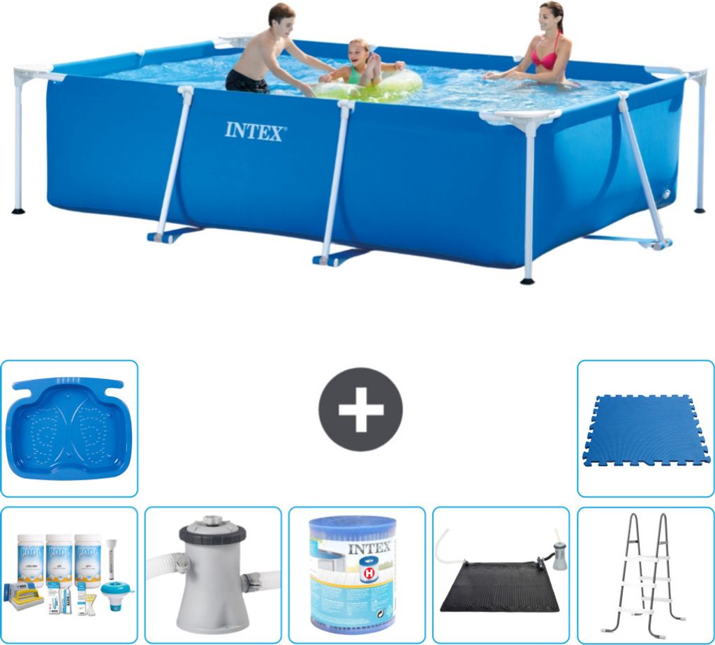 Intex-Schwimmbecken mit rechteckigem Rahmen – 300 x 200 x 75 cm – Blau – im Lieferumfang enthalten Wartungspaket - Filterpumpe für Schwimmba...