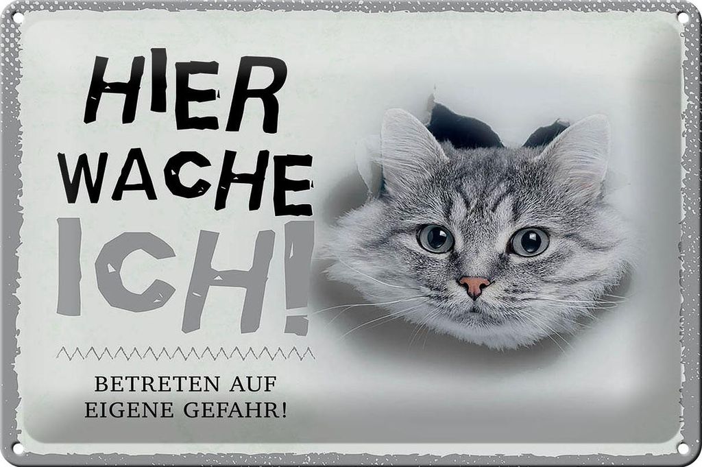 Blechschild Hinweis Katze hier wache ich eigene Gefahr, 30x20 cm, Blechschilder Tiere Achtung