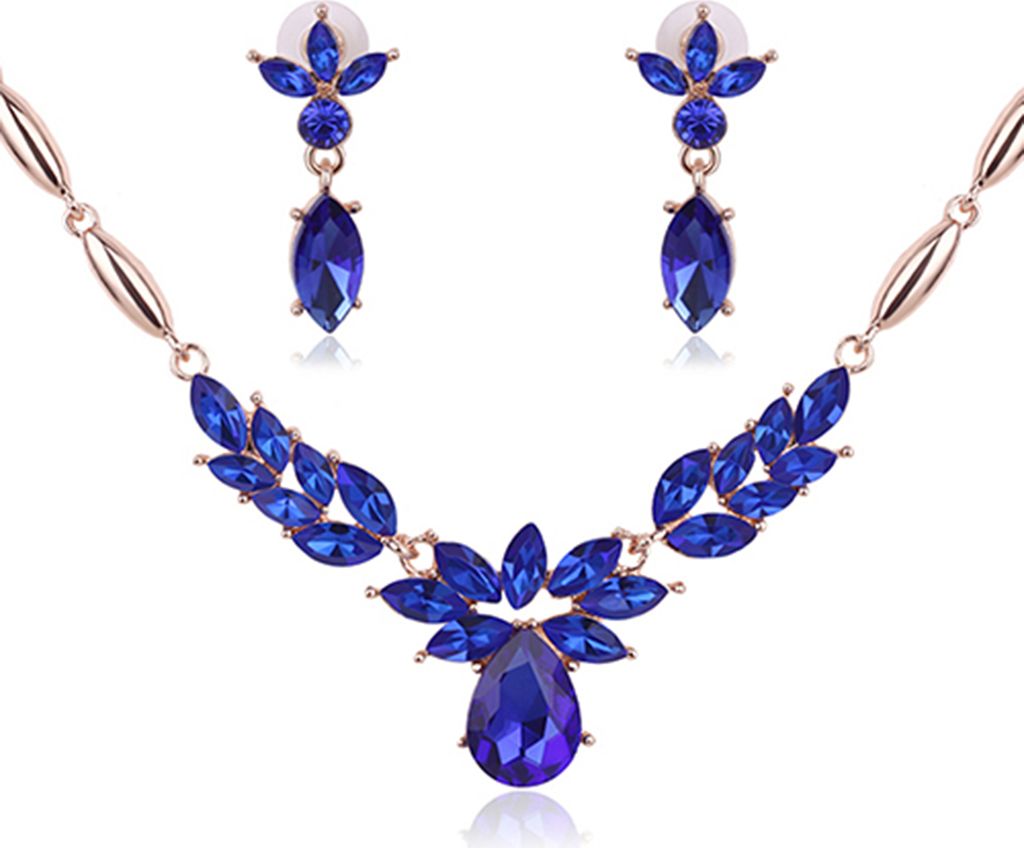 Frauen-Strass-Blumen-Anhänger-Legierungs-Halsketten-Ohrringe-Hochzeits-Schmuck-Set-Blau