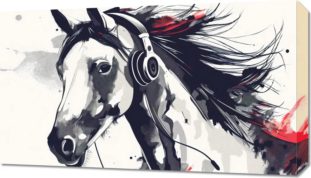 Toile Cheval avec Écouteurs 70x40 cm - Impression HD Grand Format Art