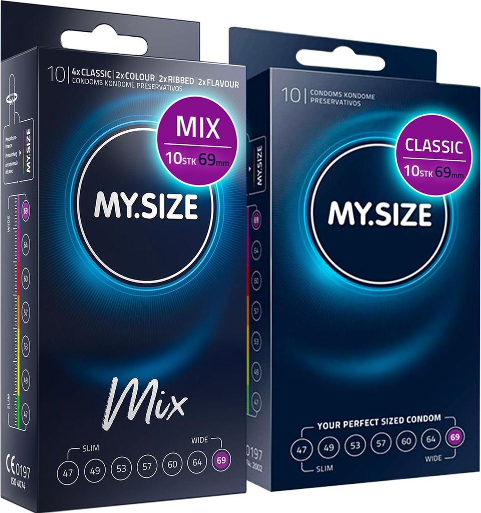 MY.SIZE Mix SET Größe 7, 69 mm: 10 Classic Kondome + 10 Kondome in 4 aufregenDen Sorten, mit Aroma, Farbe, Genoppt & Classic