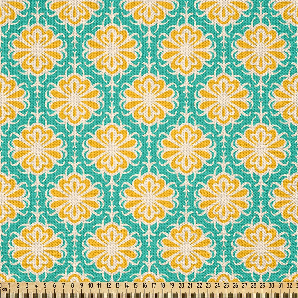 ABAKUHAUS Retro Satin Stoff als Meterware, Muster des Wiederholens der Blumenfliesen-altmodischen Natur spornte Motive an, 2 M (148 x 200 cm), Sea ...