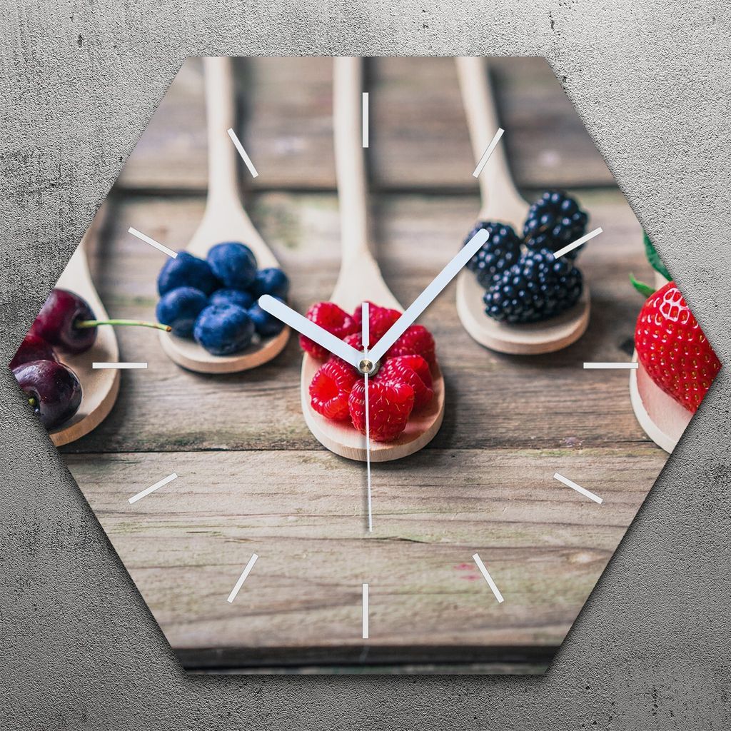 Uhr hexagonal 40 cm Glas Geräuschlos weiße Zeiger - Früchte Produktbild 