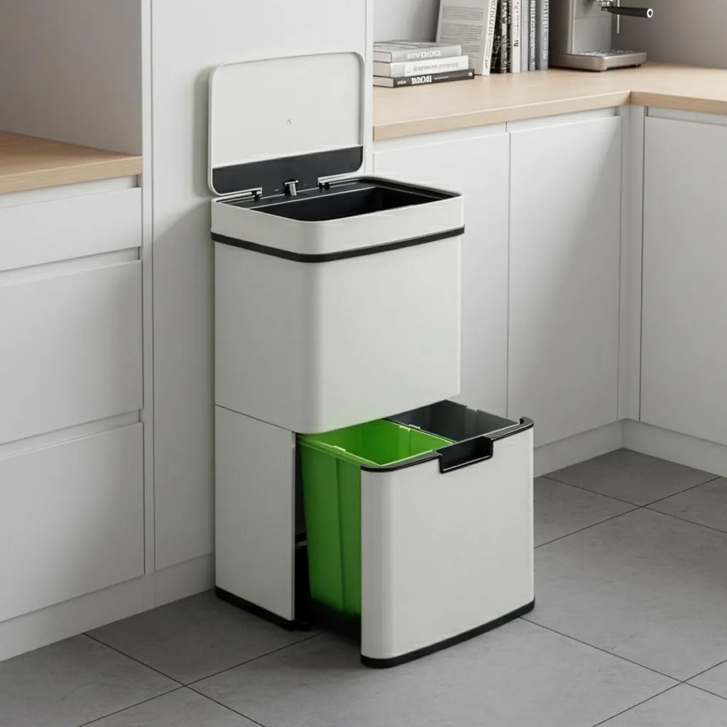 Poubelle à capteur Venna 62 L en inox beige avec 3 compartiments de tri