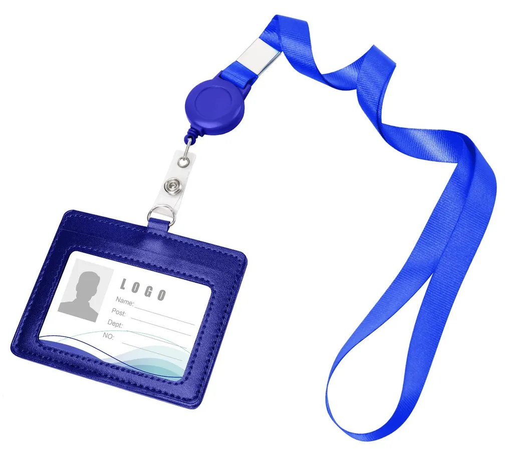 Porte-badge pour salon et bureau bleu marine en cuir avec cordon plat