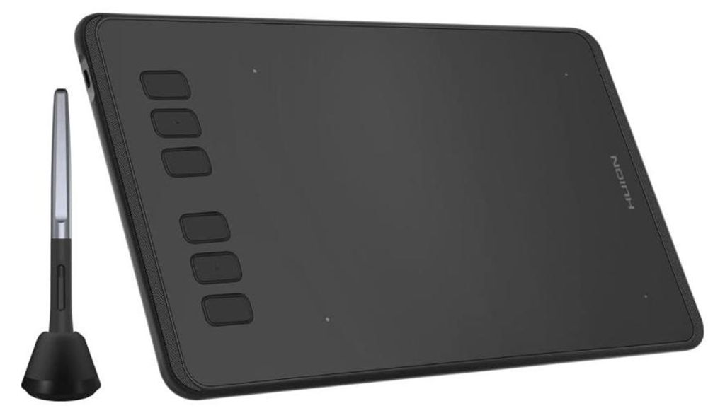 A black graphics tablet and stylus are shown on a white background.