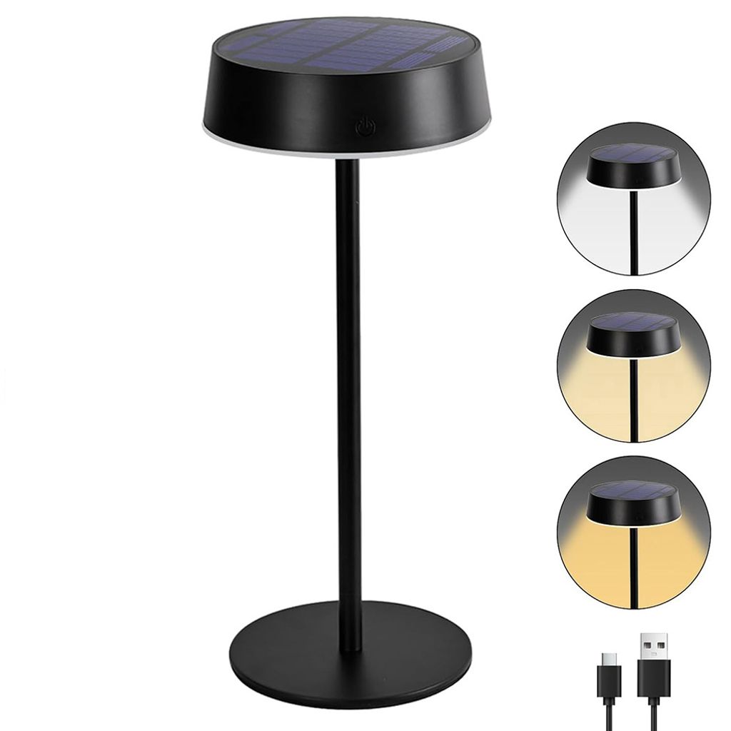 LED Tischlampe Solar Wiederaufladbar Kabellos Tischleuchte 3 Farbtemperaturen Dimmbar Touch Schalter Wasserdicht für Innen Aussen, Schwarz