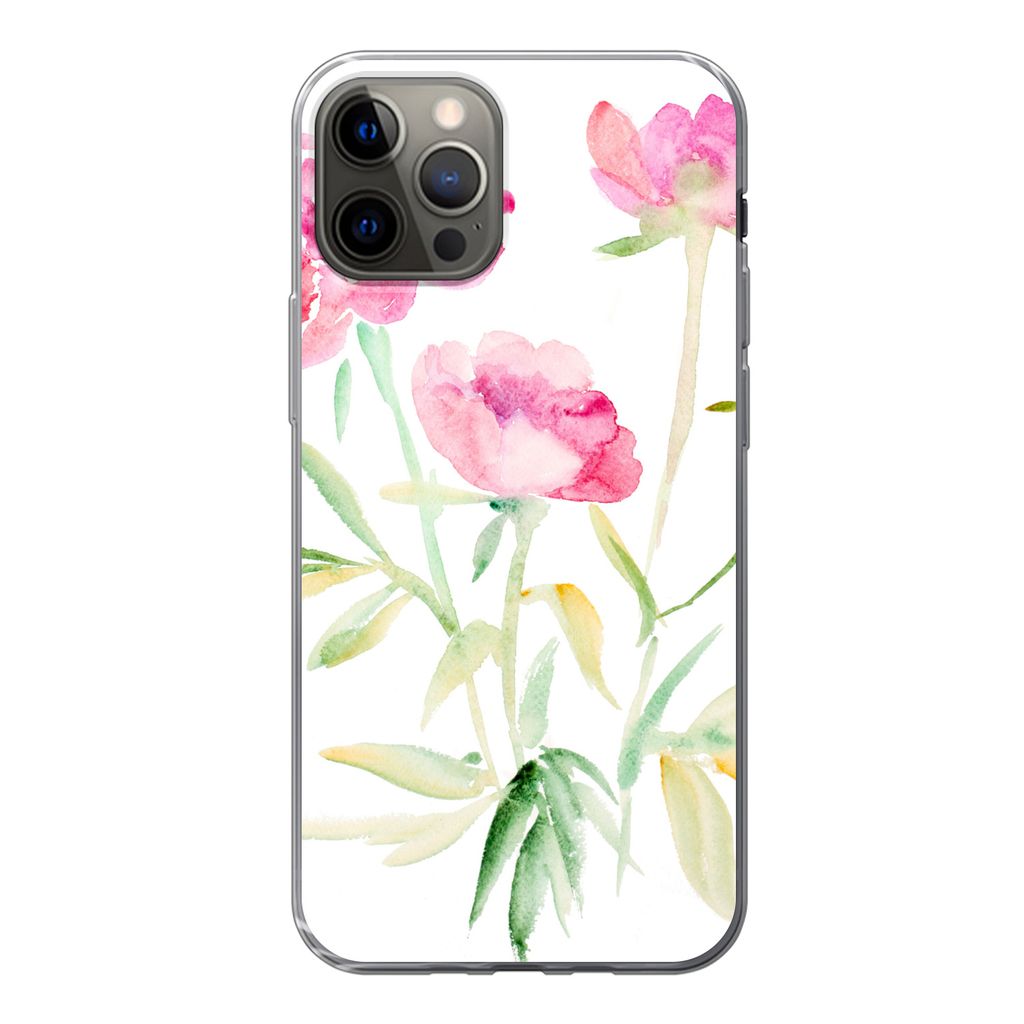 MuchoWow Handyhülle Schutzhülle Hülle für iPhone 12 Pro Blumen - Aquarell - Rosa Silikon Softcase Handy Hülle - Abdeckung