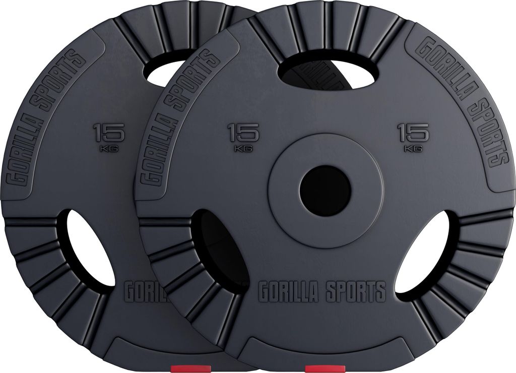GORILLA SPORTS Olympia Hantelscheiben - 30kg Set, 2x15kg Gewichte, 50mm Bohrung, Tri-Grip, Kunststoff - Gewichtsscheiben, Olympiascheiben, Hantel...