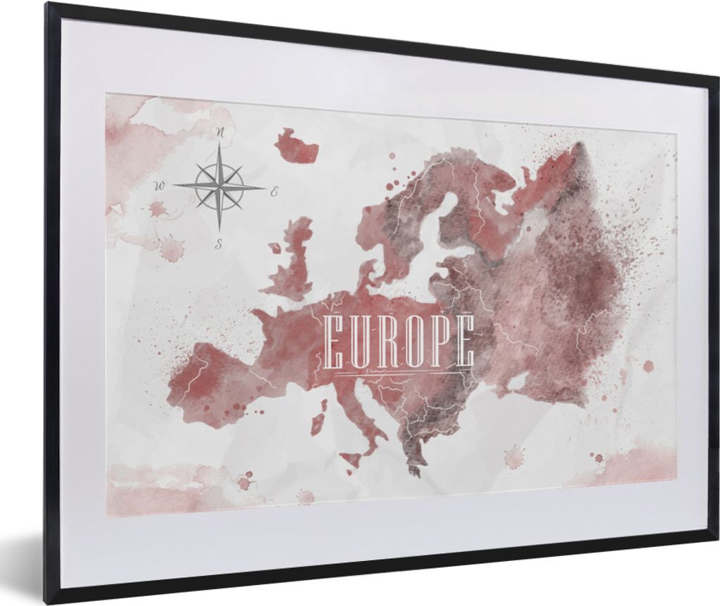 MuchoWow MuchoWow Gerahmtes Poster Karte - Europa - Aquarell - Kompass 60x40 cm - Poster mit zchwarzem Bilderrahmen - Schlafzimmer - Plakat in ...