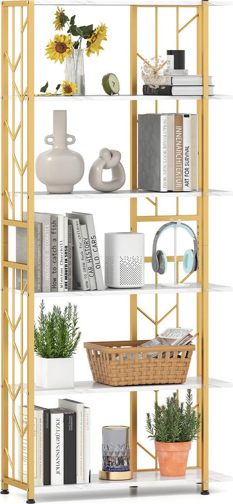 GOPLUS geometrisches Bücherregal, Standregal mit 5 Ebenen & Metallrahmen, Aufbewahrungsregal mit Kippsicherung, Golden + Weiß
