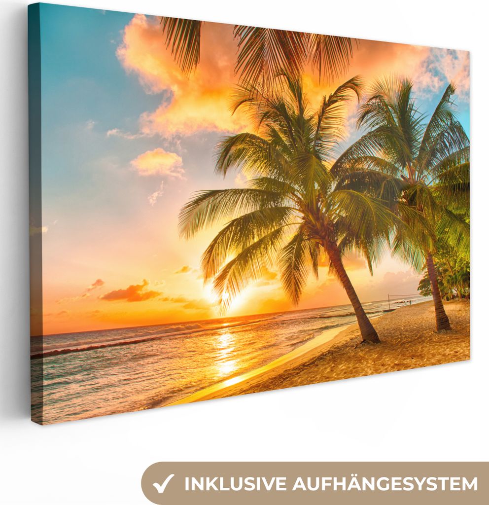 MuchoWow - Leinwandbilder - Sonnenuntergang - Palme - Wolken - Meer - Strand, Wandbild, Wanddeko Bilder Wohnzimmer, 120x80 cm