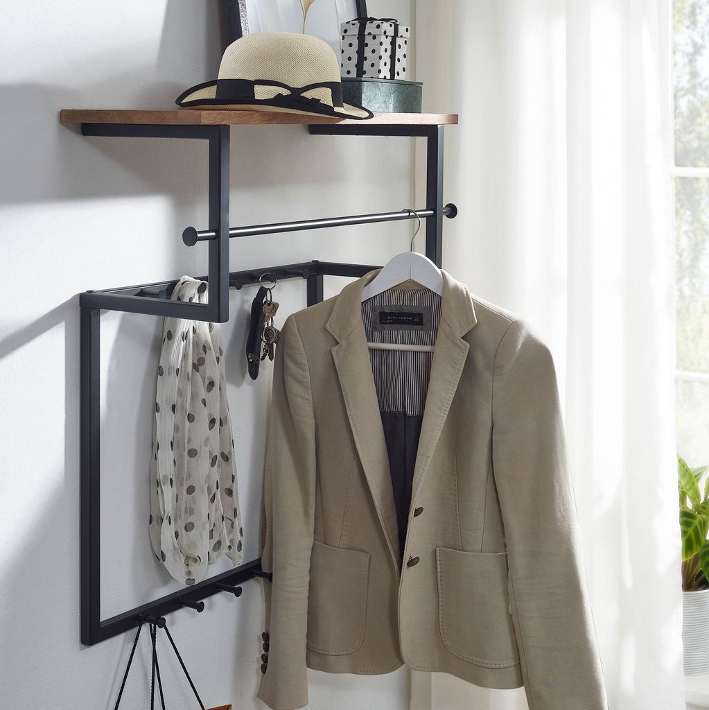 Design Wandgarderobe Mango Massivholz Metall 60x76x26 cm, Hakenleiste mit Ablage und Kleiderstange, Flurgarderobe Garderobe Wand Holz
