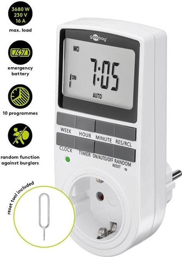 A white digital timer plug with a digital display and buttons, shown from a slightly angled front view. Various feature icons and text are displayed to the left of the timer.