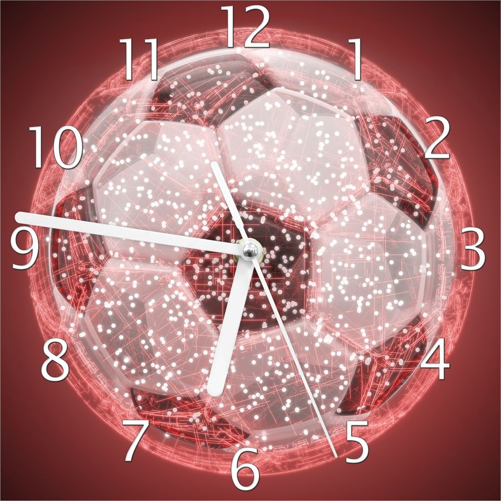 Wallario Design Wanduhr Fußball digital - Netzwerk in rot aus Echtglas, Größe 20 x 20 cm