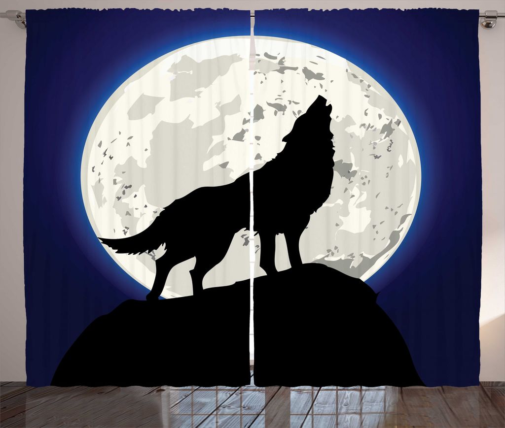 ABAKUHAUS Wolf Rustikaler Gardine, Heulen Tier und Nacht Mond, Schlafzimmer Kräuselband Vorhang mit Schlaufen und Haken, 280 x 225 cm, Marine-Blau...