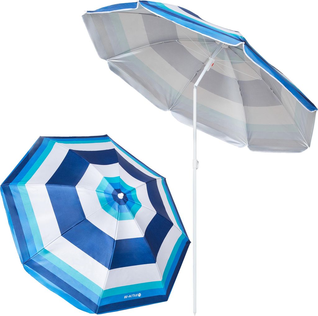 Strandschirm groß faltbar – stabiler Sonnenschirm für Balkon Garten & Camping blaue streifen