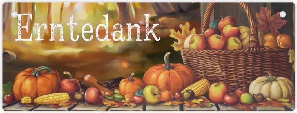 Weidenkorb mit Herbstprodukten - Erntedank - Metallschild