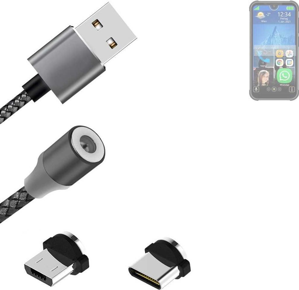 K-S-Trade Hochwertiges Magnet-Lade-kabel Sync-Kabel Daten-Kabel kompatibel mit Bea-fon MX1 mit USB-Typ-C-Anschluss und Micro-USB-Anschluss 2A bis zu