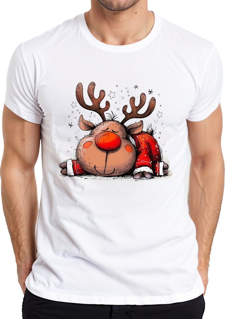 Rudolph Rentier schlafend rote Nase Weihnachten Geschenk Retro Herren T-Shirt, Weiß, 3XL