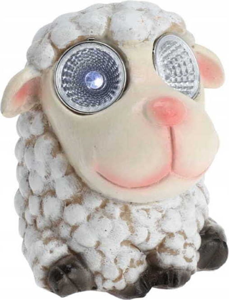 A close-up studio shot of a solar-powered garden lamp shaped like a sheep.