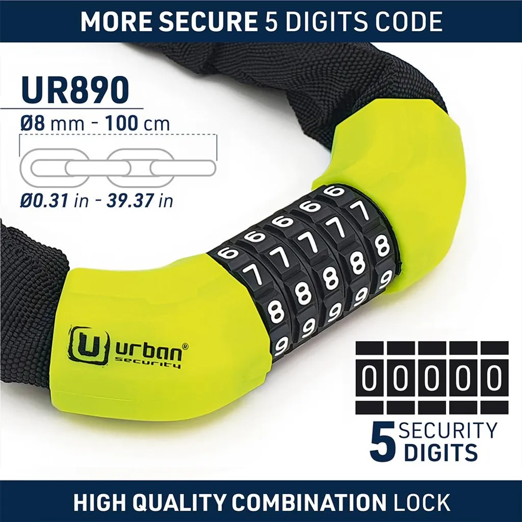 Antivol Chaîne à Code UR890 Jaune 100 cm avec Protection Textile Souple