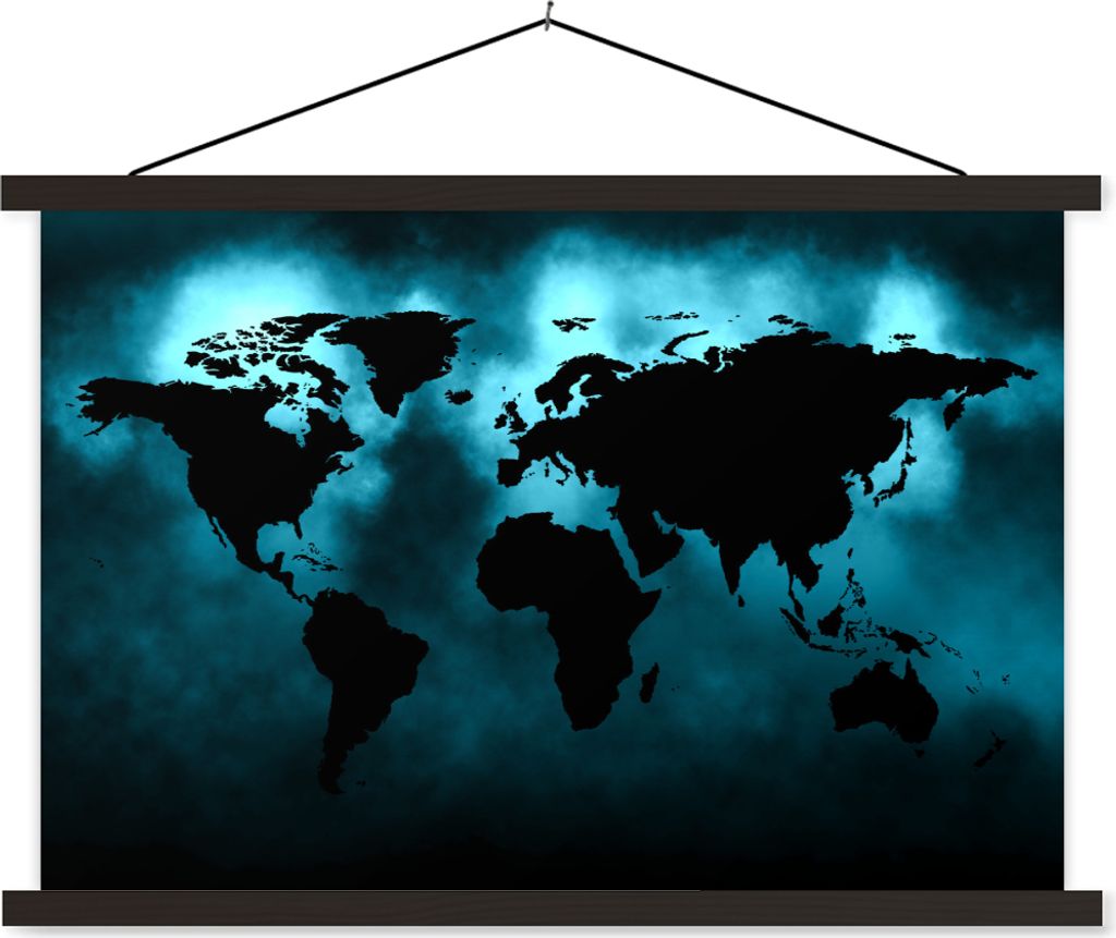 MuchoWow Textilposter Weltkarte - Schwarz - Blau 120x80 cm mit schwarzem Rahmen - Wanddeko