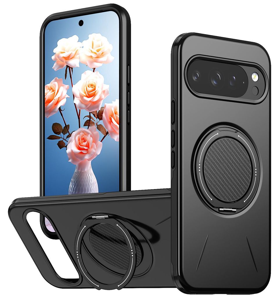 Magnetisch Hülle für Google Pixel 9 Pro XL/Pixel 10 Pro XL, Stoßfeste Weich TPU und Hard PC Schutzhülle mit Ringhalter Ständer Schwarz