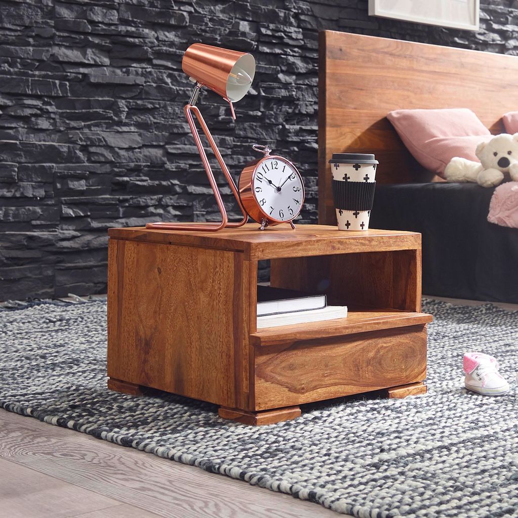 FineBuy Nachttisch Sheesham Massivholz Schublade & Produktbild 