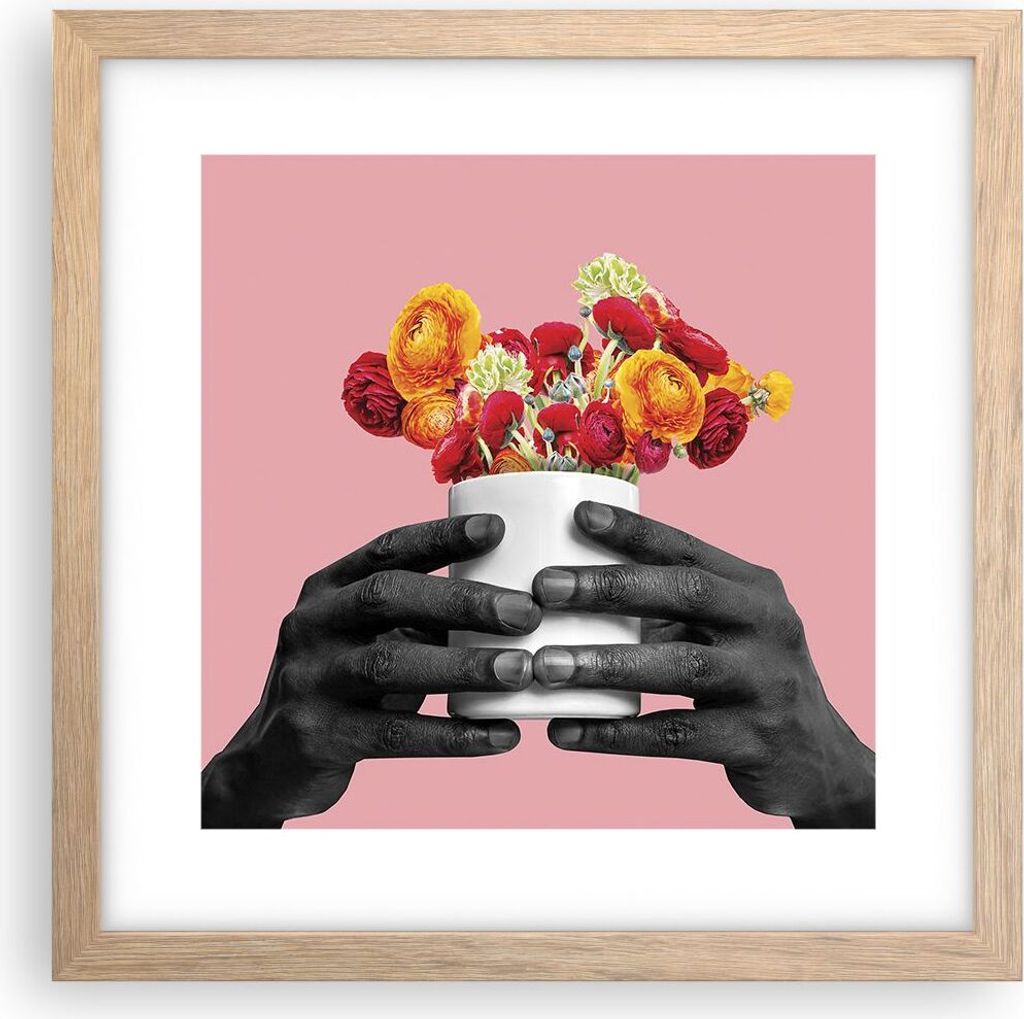 Gerahmtes Poster - Rahmen in heller Eiche - Schwarz Hände Blumen - 30x30 cm - Wand Bild - Wanddeko - Wandbilder - Kunstposter - Wandposter - Bilde...