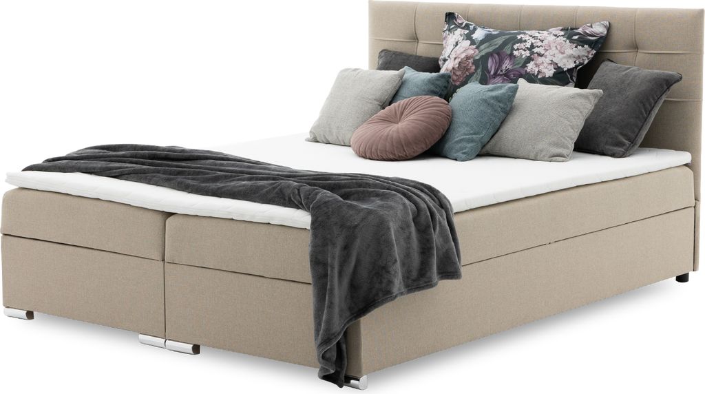 NAPOLI Kastenbett 160x200 mit Matratze und Federkern-Topper Kontinentalbett mit 2 Containern und dekorativem Kopfteil - Stoff Hugo1 Cremefarbe TOPPER