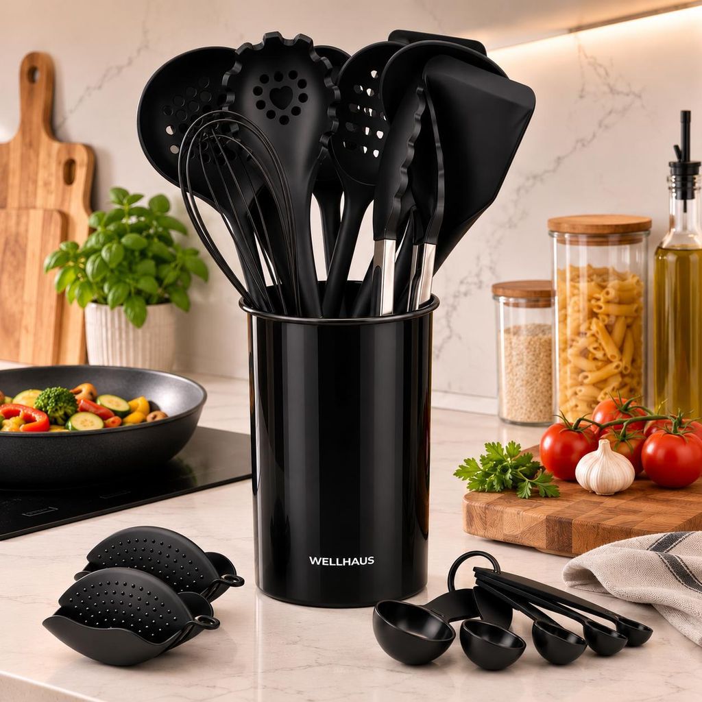 WELLHAUS Silikon Küchenhelfer Set 18tlg Schwarz mit Halter