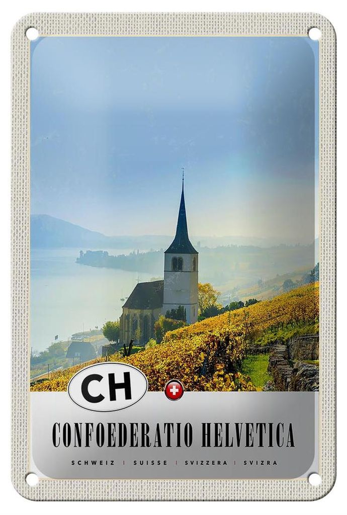 Blechschild Reise 12x18cm Confoederatio Helvetica Kirche Weide Schild