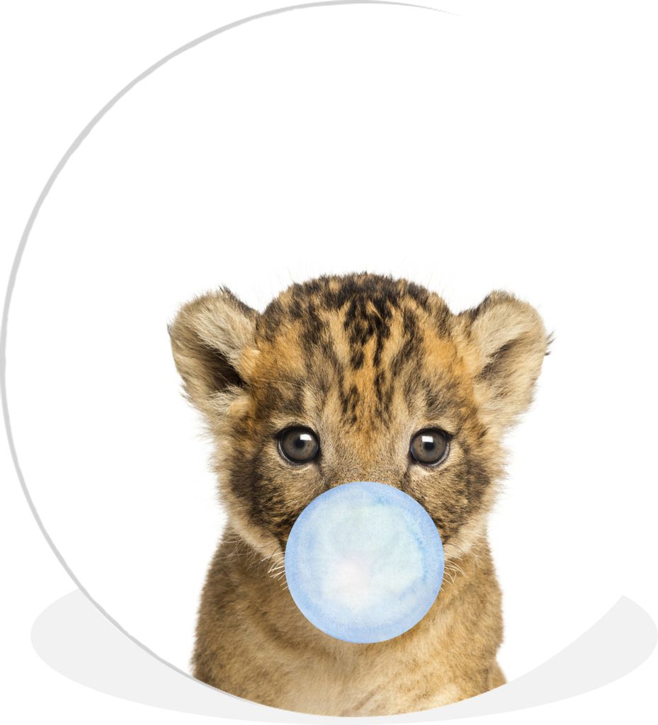 MuchoWow Rundes Wandbild - Runde Bilder Jungtier - Junge - Kinder - Löwe - Kaugummi - Blau Ø 90 cm Kreis Wanddekoration Kunststoff - Wandkreis ...