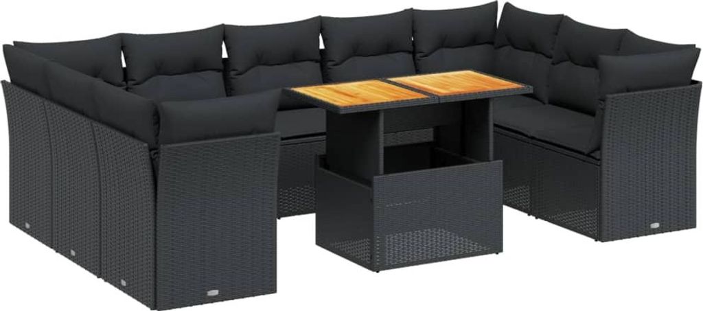 vidaXL 10-tlg. Garten-Sofagarnitur mit Kissen Schwarz Poly Rattan
