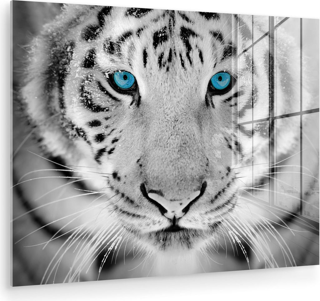 MuchoWow Glasbilder - Bilder auf Wandbild - Foto auf Glas Tiere - Tiger - Augen - Blau - Schwarz und weiß 80x60 cm Wanddekoration aus Glas - Acryl...