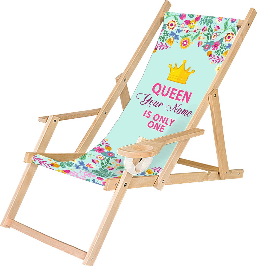 Personalisierbarer Holz Liegestuhl Klappbar Klappliegestuhl mit Armlehne und Getränkehalter Strandstuhl Motiv Königin [119]