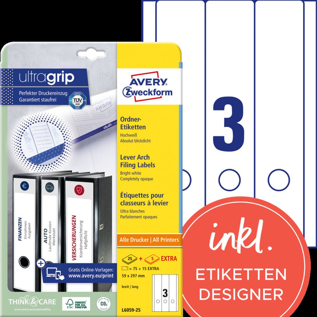 Avery Zweckform L6059-25 Ordner-Etiketten, A4 mit ultragrip, 59 x 297 mm, 30 Bogen/90 Etiketten, weiß