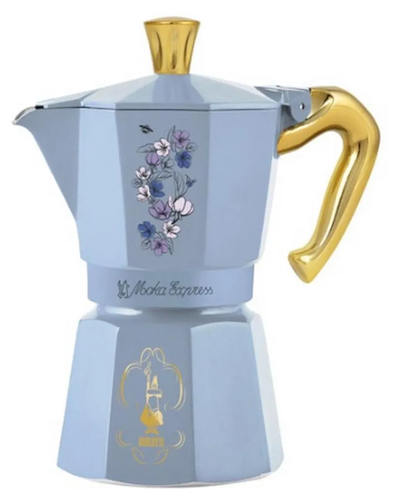 Bialetti Moka Pot Bridgerton Bleu Or - 3 Tasses Aluminium Décoré