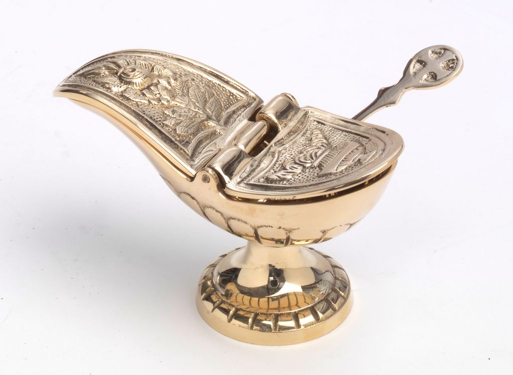 Weihrauch Schiffchen mit Löffel und Deckel Messing Gold (Höhe 7 cm x Länge 13 cm)