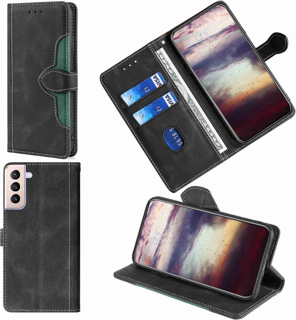 Für Samsung Galaxy S21 FE Design Handy Tasche Schwarz Etuis Schutz Kunst-Leder