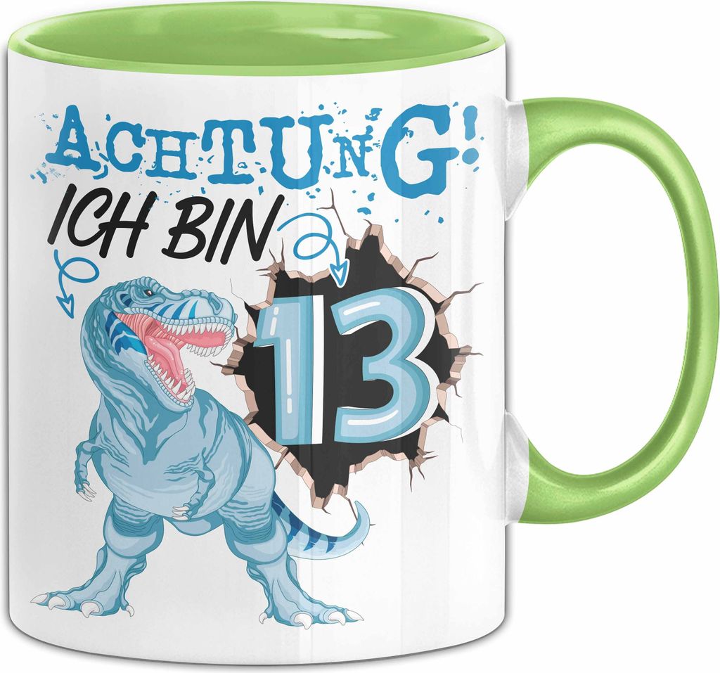 13. Geburtstag Geschenk Tasse Becher Jungs Sohn T-Rex Geburtstagsgeschenk Dinosaurier Achtung Ich bin 13 Teenager (Grün)