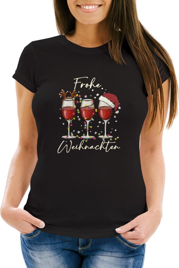 Weihnachtsshirt Damen Spruch T-Shirt Weihnachten Weingläser Lustig Weihnachtsoutfit Frauen Moonworks