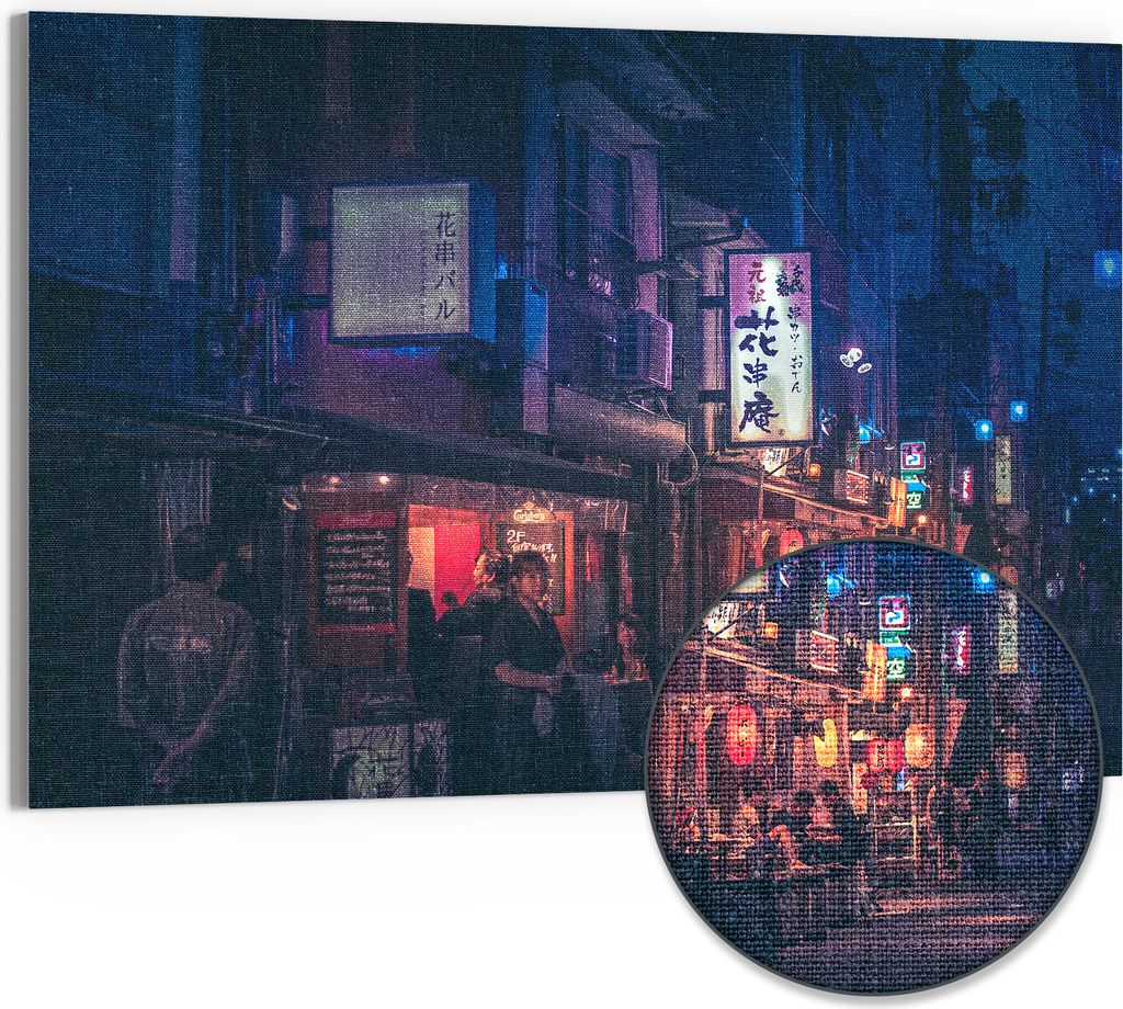 DEQORI Hybrid Leinwand Bild 90x60 cm 'Neon Nachtstraße' Wandbild Glas flach modern