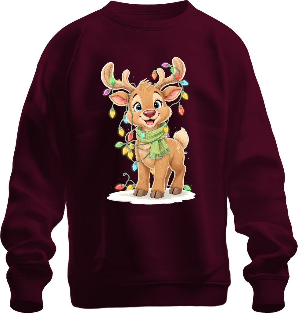 Weihnachtsrentier Niedlich Kinder Weihnachten Lichterkette Cartoon Uni Sweatshirt Pullover, Burgundy, 3XL